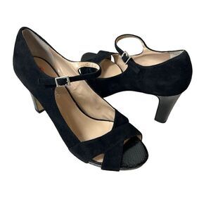 Franco Sarto Womens Size 9.5 M Ankle Strap High Heels Peep Toe Black Suede Shoes
